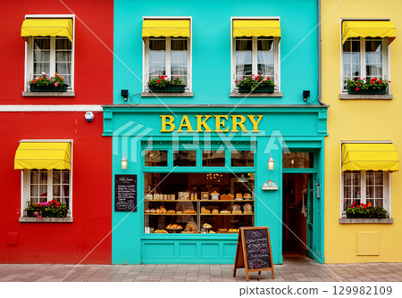 色彩繽紛的街角，有麵包店和華麗的建築 129982109