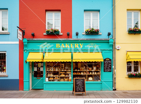 A colorful street corner with a bakery and gorgeous buildings 129982110