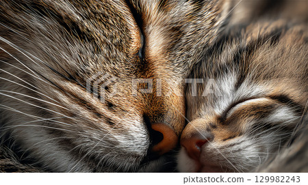 貓咪媽媽與貓寶寶依偎在一起的溫馨瞬間 129982243