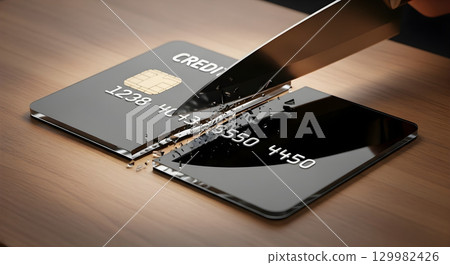 A credit card being cut in half with a knife, representing financial struggle and debt. 129982426