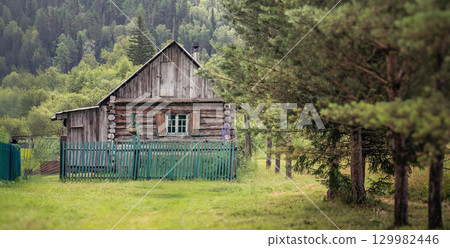 Rustic log cabin nestled among lush greenery, offering a sense of tranquility. The structure features a wooden shutters. Tall trees frame the cabin, emphasizing its isolation in a peaceful countryside 129982446