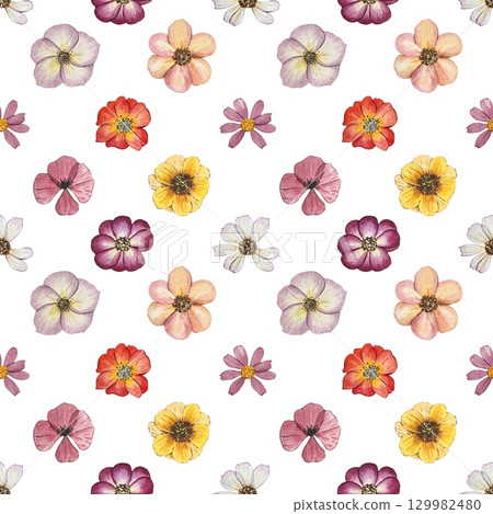 Floral seamless pattern with dried pressed flowers. Watercolor on white background Floral seamless pattern with dried pressed flowers. Watercolor on white background 129982480