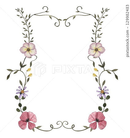 Wreath with watercolor pressed dried flowers and dark green leaves. Isolated on white background 129982483