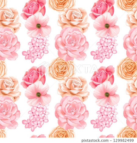 Floral seamless pattern with delicate pink and beige roses. Watercolor Floral seamless pattern with delicate pink and beige roses. Watercolor 129982499
