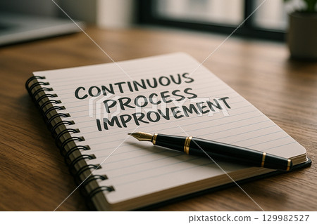 Continuous Process Improvement text on notepad with pen placed diagonally across page Continuous Process Improvement text on notepad with pen placed diagonally across page 129982527