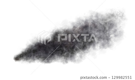 Thick black exhaust smoke cloud trail isolated from aircraft or vehicle with combustion engine 129982551