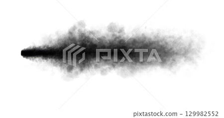 Thick black exhaust smoke cloud trail isolated from aircraft or vehicle with combustion engine Thick black exhaust smoke cloud trail isolated from aircraft or vehicle with combustion engine 129982552