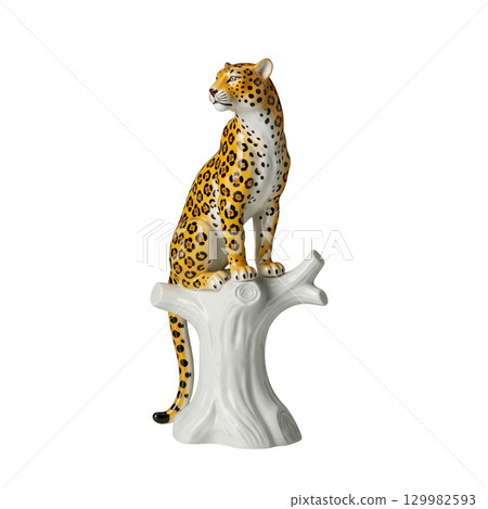 Porcelain leopard figurine sitting on a tree a vintage wildlife home decor statuette 129982593