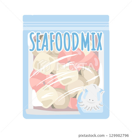 Frozen seafood mix in a bag illustration Frozen seafood mix in a bag illustration 129982796