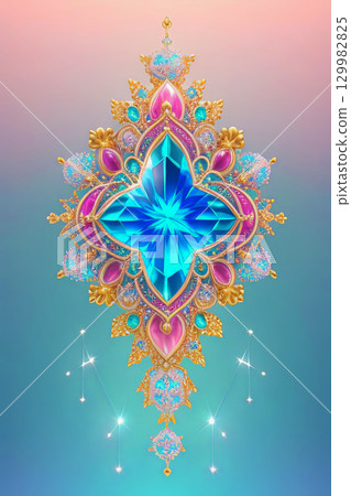 golden artwork with shiny sparkling design, blue gem at its center surrounded with pink gemstones 129982825