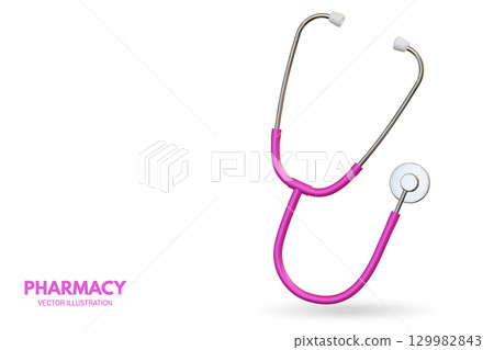 Pharmacy poster, banner with 3d Realistic medical stethoscope. Advertising for hospital or pharmaceutical company. Sign for pharmacy. Vector illustration 129982843