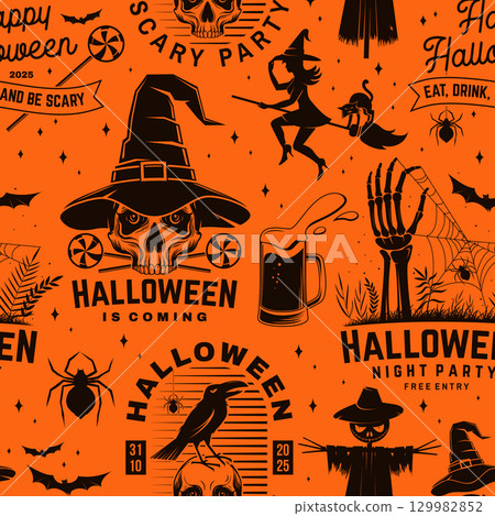 Set of Halloween celebration seamless pattern with retro grunge effect. Vector. Halloween party retro badges. Background, wallpaper, seamless pattern with patches 129982852