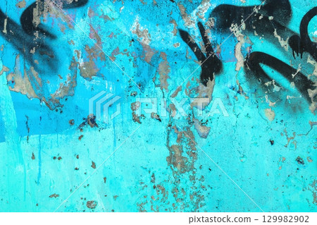 Aged Turquoise Wall Texture with Peeling Paint for Vintage 90s Urban Design 129982902