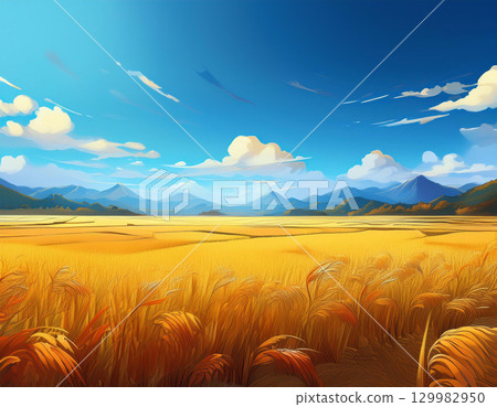 Harvesting near rice field 129982950
