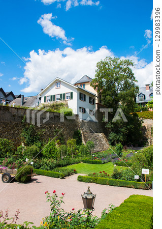 Big beautiful garden with trees; flowers and full spring summer bloom. A lot of houses around the garden. Big beautiful garden with trees; flowers and full spring summer bloom. A lot of houses around the garden. 129983396