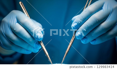 Medical Professional Hands in Blue Gloves Holding Surgical Tweezers 129983414