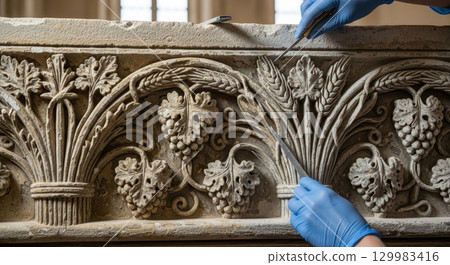 Professional art conservator restoring ancient carved stone relief with fine detail tools Professional art conservator restoring ancient carved stone relief with fine detail tools 129983416