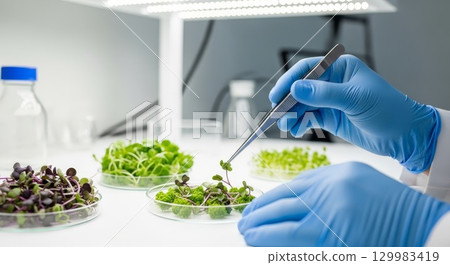 Scientist analyzing plant samples in laboratory with tweezers 129983419