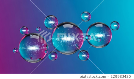 Translucent soap bubbles with sound wave visualization on gradient background 129983420