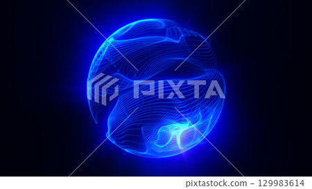 Futuristic glowing blue sphere with fluid wave-like structures and soft light trails in a dark digital space Futuristic glowing blue sphere with fluid wave-like structures and soft light trails in a dark digital space 129983614