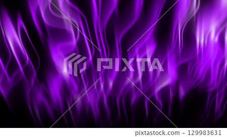 Vertical flowing streams of glowing purple light resembling abstract energy flames or aurora on a black background 129983631