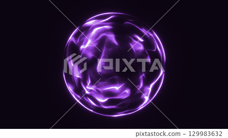 Abstract glowing purple sphere with dynamic light waves, futuristic digital energy design on dark background 129983632