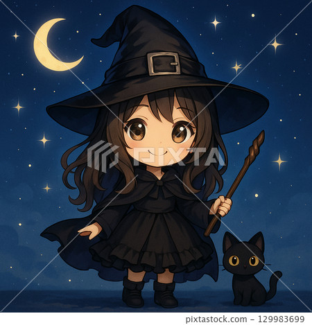Illustration of a Halloween background with a witch and Halloween pumpkin Illustration of a Halloween background with a witch and Halloween pumpkin 129983699