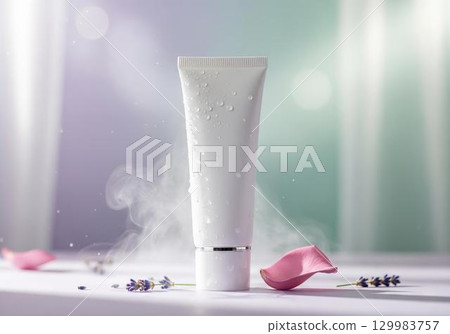 Cosmetics container with water droplets on a minimalist background. 129983757