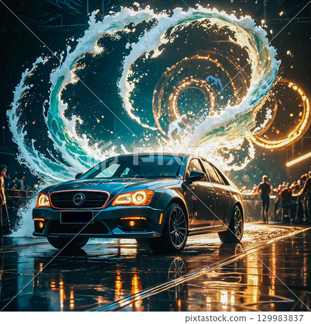 Car with a futuristic design. The image shows a sleek, silver car with a futuristic design and a sleek body. 129983837