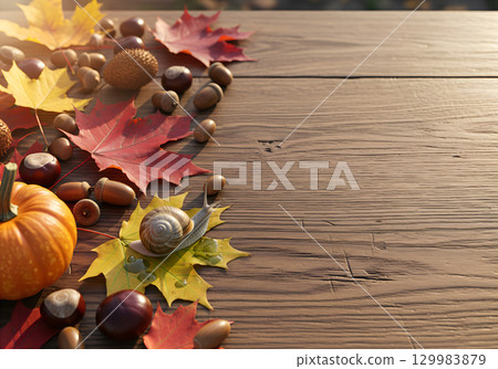 A cozy autumn composition with pumpkin, leaves, chestnuts and a snail on a wooden background. A cozy autumn composition with pumpkin, leaves, chestnuts and a snail on a wooden background. 129983879