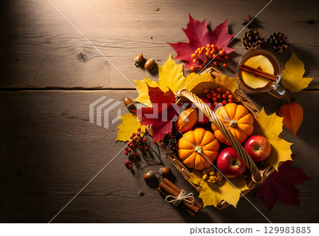 Cozy autumn composition with pumpkins, apples and leaves on a wooden table. Cozy autumn composition with pumpkins, apples and leaves on a wooden table. 129983885