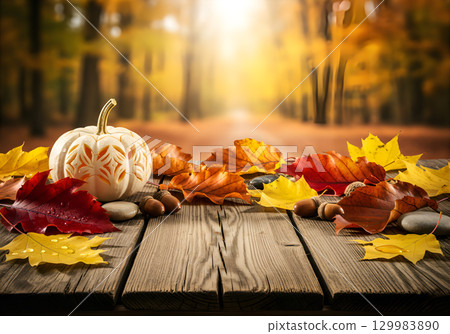 Warm autumn composition with pumpkin, leaves and berries on a wooden background. Warm autumn composition with pumpkin, leaves and berries on a wooden background. 129983890