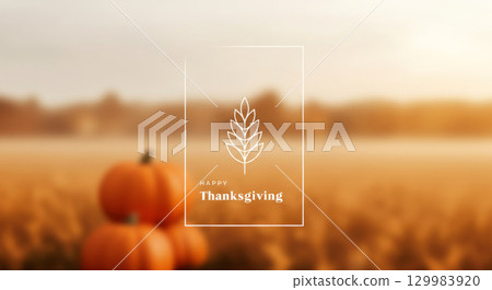 Happy Thanksgiving text and leaf icon on a blurry autumn field background. Festive holiday. 129983920