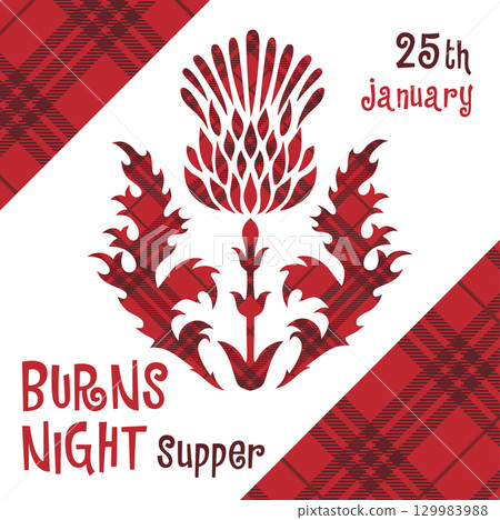Burns night supper background with thistle on tartan background. Card Menu with lettering for restaurant, party. 129983988