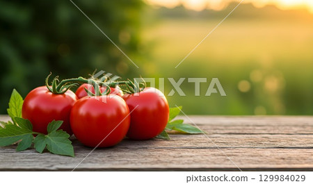 fresh tomatoes on wooden table 129984029