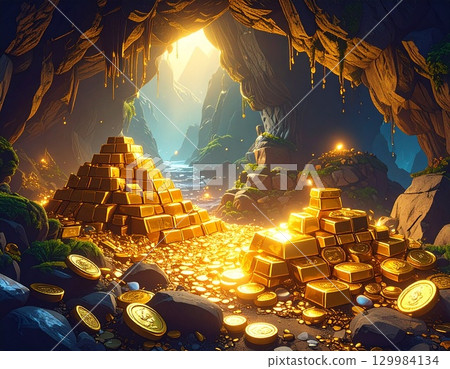 A mountain of gold, jewels, and other treasures hidden in a cave 129984134