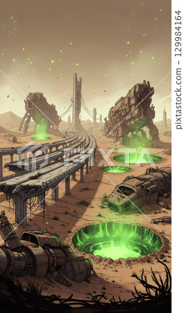 Abandoned giant rusty machine in the wasteland desert and remains of a future highway glowing radioactive crater Abandoned giant rusty machine in the wasteland desert and remains of a future highway glowing radioactive crater 129984164