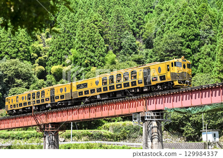 A train running on a railway bridge 129984337