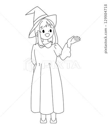 Halloween | Witch girl (line drawing, monochrome) / transparent background 129984718