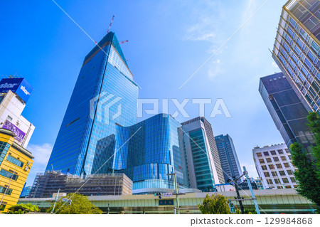 Tokyo cityscape, Japan, August 21st. Overlooking the redevelopment projects in Nihonbashi and Nihonbashi 1-chome. A new era... 129984868