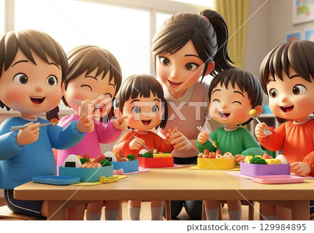 幼兒園小朋友的歡樂用餐時光 129984895