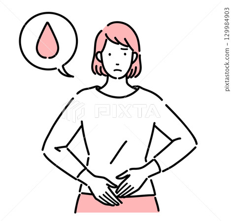 A young woman holding her lower abdomen due to irregular bleeding A young woman holding her lower abdomen due to irregular bleeding 129984903