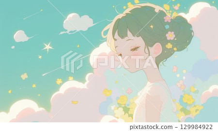具有花卉裝飾和燈光插圖的幻想女孩 129984922