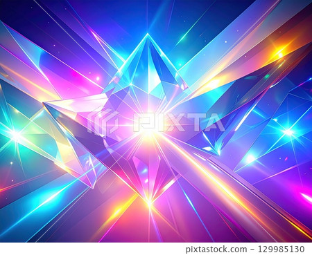 Digital art in which colorful crystals of light, like opals penetrating the universe, decorate a fantastical futuristic city 129985130