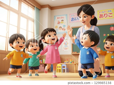 Children and teachers having fun playing at the nursery school 129985138