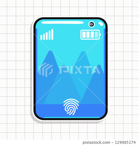 Stylized smartphone with a mountain graphic on a grid background, with fingerprint security. 129985174