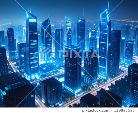A cityscape of a fantastical, cyber-style building in a futuristic city illuminated by blue neon lights floating in the night sky 129985585