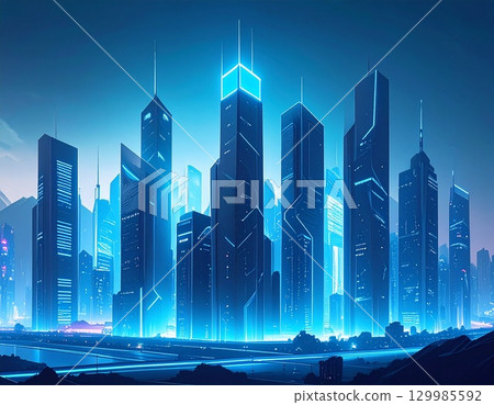A cityscape of a fantastical, cyber-style building in a futuristic city illuminated by blue neon lights floating in the night sky 129985592