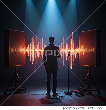 The  image of the artist. On stage is a male artist, whose silhouette is visible against the blue background of the sound disturbance amplitude. 129985599