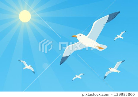 Blue sky, seagulls, sun 129985800